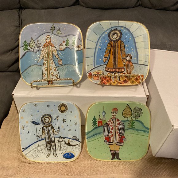 VTG Fragonard Parfumeur Folk Art Glass Decor Plates-Square Set of 4-5.75" D-EUC - Picture 12 of 12